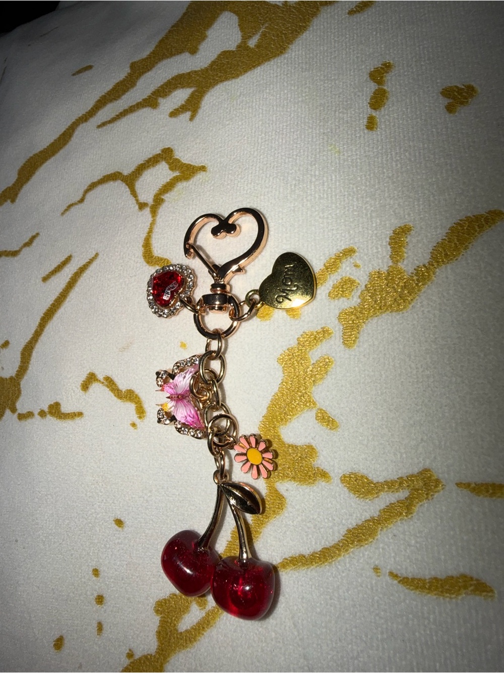 Cherry Keychain with Pink Butterfly and Flower Accents (BAG NOT INCLUDED)
